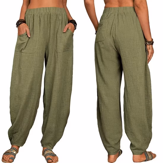 Calças femininas de linho de algodão calças casuais verão yoga casa rua praia calças